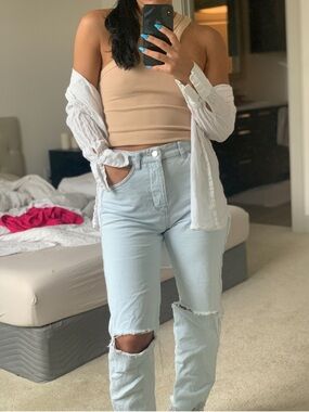 Zara Light Blue Distressed High-Rise Straight Jeans